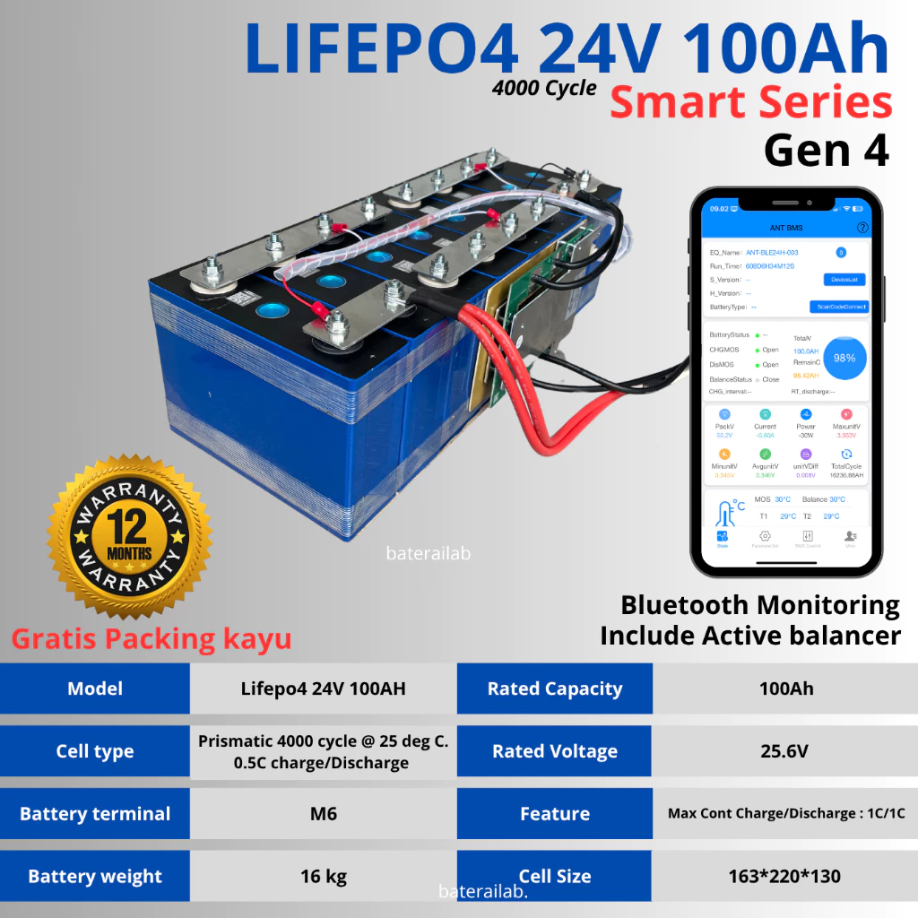 Baterai Lifepo4 24V 100Ah New 3500-5000